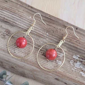 Coral Earrings, Red Coral Jewelry, Gold Hoop Earrings, Round Red Coral Bead Earrings, Natural Earrings, Red Coral Hoop Earrings