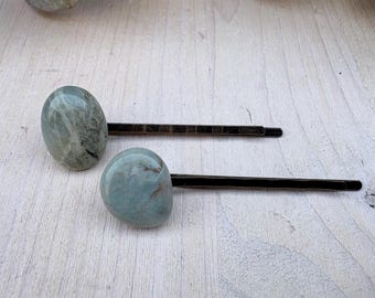 Ocean Jasper Hair Pins, Polished Stone Bobby Pins, Aged Bronze Set