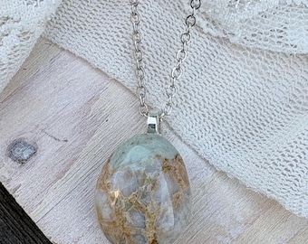 Small Polished Chert Stone Pendant Necklace, Beautiful Crackled Design, Seafoam Blue-Green California Beach Rock, Ocean Jewelry