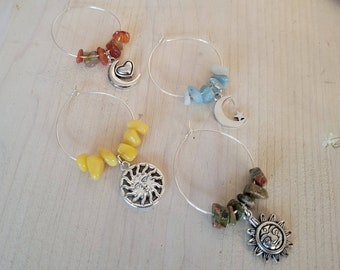 Wine Charms, Wine Glass Charm, Celestial Charms, Crystal Gemstone, Wine Charm Set, Wine Drinker Gift Set, Wine Tag, Drink Tag, Set of 4