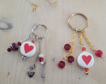 Red Heart Keychain, Dangling Red Heart Charm Key Chain, Beaded Key Chain w Heart Charm, Purse Charm, Zipper Charm, Crystal Charms