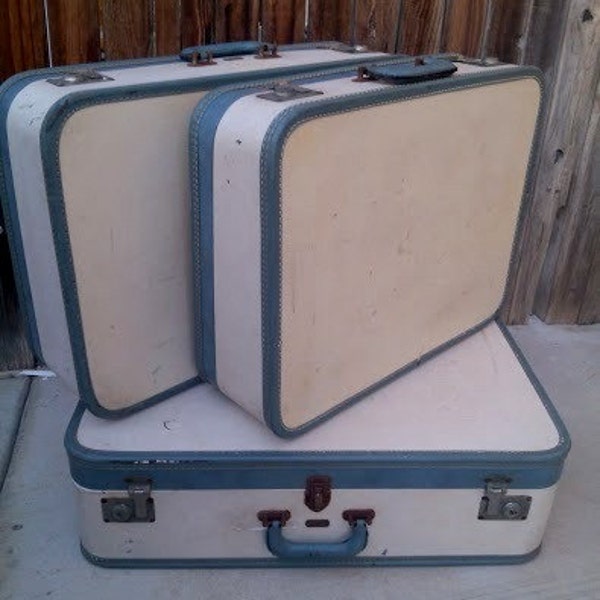 Vintage Arflite Suitcase Set - Luggage - Two Tone - Light blue Leather Pair - Baby Blue Travel - Train case - Set Group - Matching Soft blue