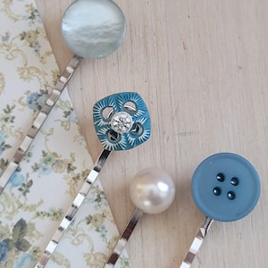 Vintage Hair Pins, Light Blue Bobby Pins, Embellished Vintage Inspired Fancy Bobby Pins, Button Hair Clip, Retro Hair Pins, Set of 4