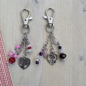 Dangling Crystal Keychain, Dangling Light Pink Rose Quartz Beaded Purse Charm, Heart Planner or Zipper Pull Charm
