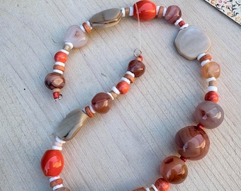 Carnelian Agate Mother of Pearl Mixed Bead Strand, Natural Gemstone Shell Jewelry Making Supply