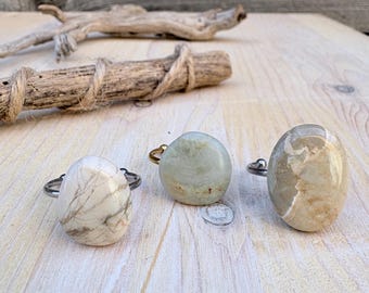 Natural Moonstone Beach Stone Ring, Hand Picked Agate and Chalcedony Polished Ocean Rocks, Beach Jewelry, Adjustable Size