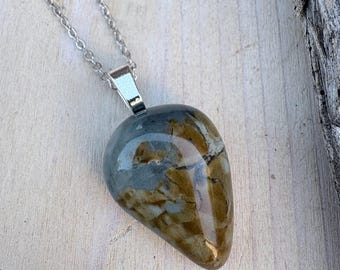 Ocean Chert Jasper Pendant Necklace, Polished California Beach Stone on a Silver Chain
