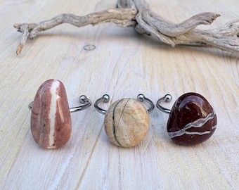 Natural Beach Stone Silver Ring,  Striped Stone, Hand Picked Polished Ocean Rock Jewelry, Adjustable Size