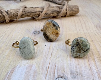 Natural Beach Stone Ring, Hand Picked Chert and Chalcedony Polished Ocean Rocks, Beach Jewelry, Adjustable Size