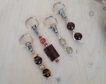 Crystal Keychain, Purse Charm, Zipper Charm, Natural Healing Crystal, Gemstone Key Chain, Jasper, Tiger&#39;s Eye, Mahogany Obsidian, Serpentine