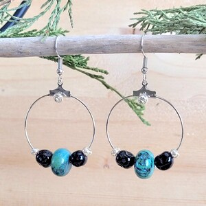 Turquoise Earrings, Silver Hoop Wire Earrings, Hoop Earrings, Turquoise Beads, Turquoise Dangling Earrings, Turquoise Jewelry