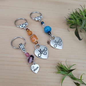 Heart Mom Keychain, Spring Color Purse Charm, Zipper Charm, Dangling Heart Charm,  &quot;Love Mom&quot; Key Chain, Orange, Blue and Pink, Love Mom