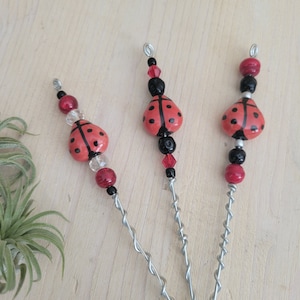 Lady Bug Plant Stake, Choice of Style with Accent Beads, Colorful Plant Stake, Lady Bug Garden Pic, Plant Décor, Handmade, Red & Black