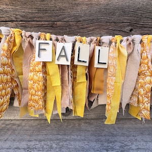 Autumn Fabric Banner, Fall Party Decor, Shabby Rag Halloween Bunting, Friendsgiving Decor