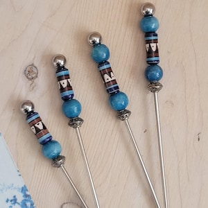 Boho Charcuterie Skewers, Set of 4, Cocktail Picks, Mixologist Garnish, Appetizer Skewers, Blue Aztec Design, Food Grade Stainless Steel