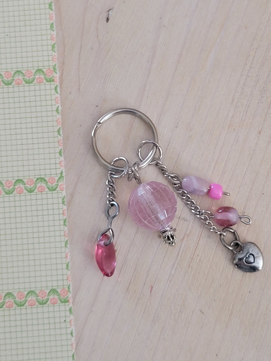 Pink Crystal Keychain, Dangling Light Pink Beaded Key Chain W Heart ...