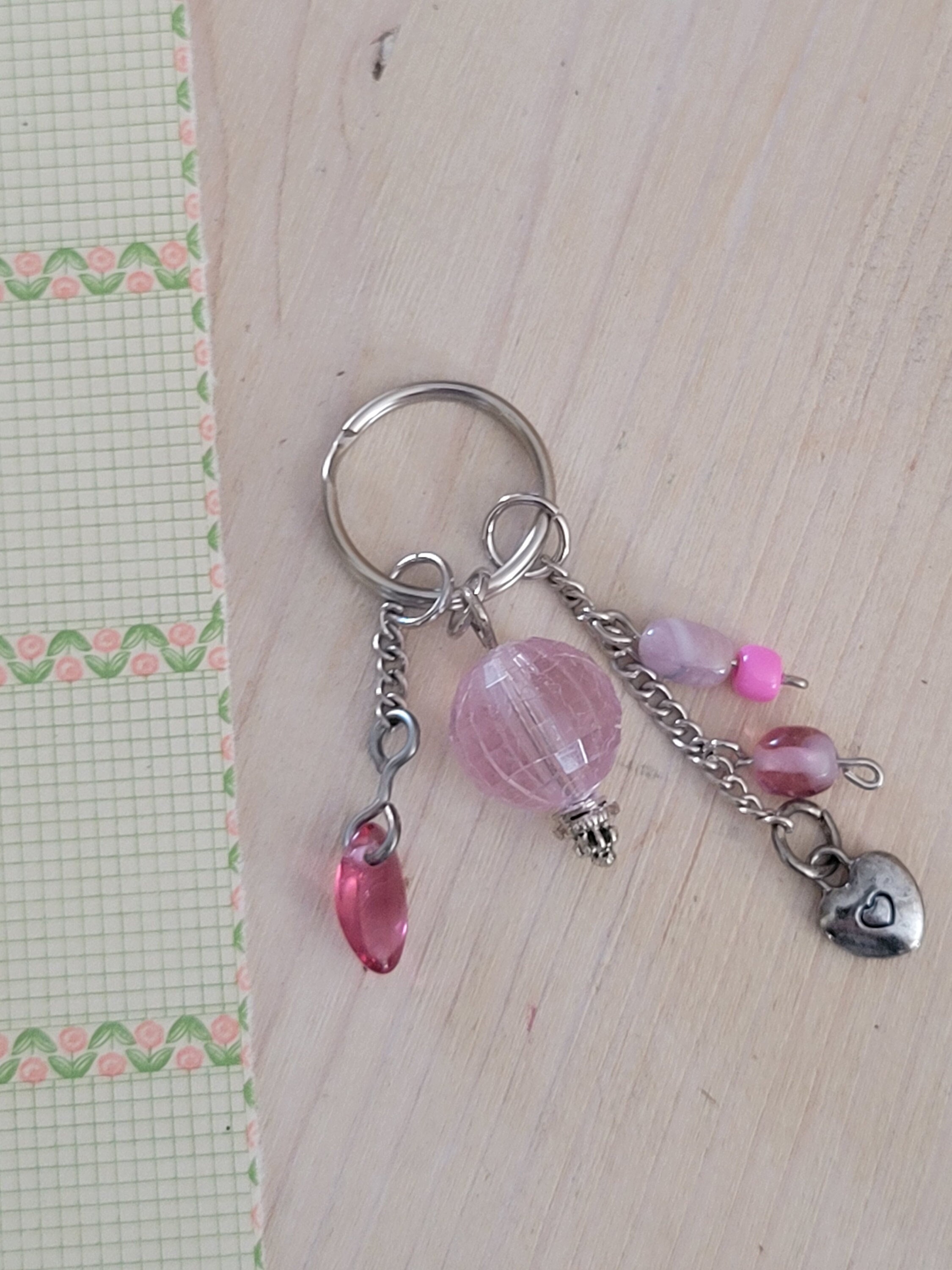 Pink Crystal Keychain, Dangling Light Pink Beaded Key Chain w Heart Charm, Purse Charm, Zipper Charm, Rose Pink Key Chain with Love Charm