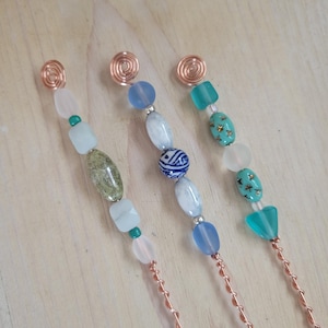 Plant Stake, Sea Glass Garden Stake, Frosted Glass Turquoise & Blue Stake, Ocean Inspired Plant Stake, Electroculture Copper Plant Stake
