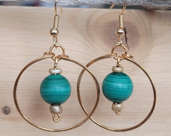 Malachite Earrings, Gold Hoop Wire Earrings, Dainty Hoop Earrings, Green Beads, Malachite Dangling Earrings, Malachite Jewelry, Capricorn