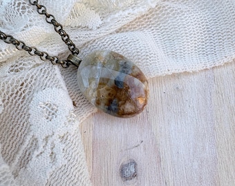 Small Ocean Jasper Agate Pendant Necklace, Polished California Beach Stone on a Bronze Chain