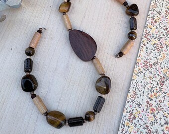 Tiger’s Eye Mixed Bead Strand, Natural  Gemstone and Wood Jewelry Making Supply