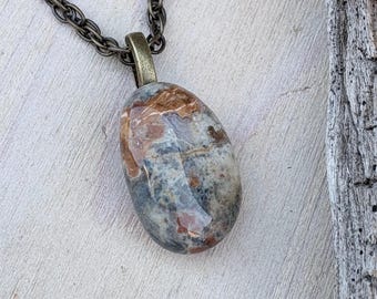 Ocean Jasper Agate Pendant Necklace, Polished California Beach Stone on a Bronze Chain