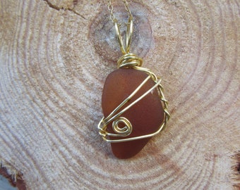 Brown Seaglass Necklace, Genuine Beach Glass Tumbled by the Sea, Gold Wire Wrapped Sea Glass Pendant