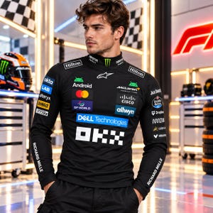 May include: A black long-sleeve mock neck shirt featuring various sponsor logos including McLaren, Android, Dell Technologies, OKX, Cisco, Hilton, and Monster Energy. The shirt has white text and branding printed across the chest and sleeves.