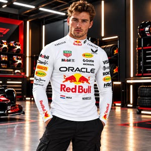 May include: A white long-sleeve mock neck shirt featuring various sponsor logos including Oracle, Red Bull, Mobil 1, and Honda. The shirt has a slim fit, a small Dutch flag icon, and the name Max printed on the chest, paired with black cargo trousers.