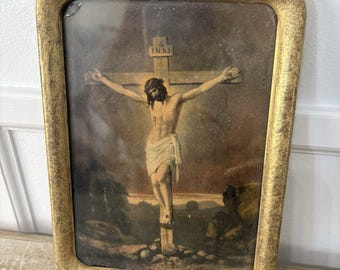 Antique Crucifixion of Jesus INRI Framed Religious Print Catholic Christian 7.5