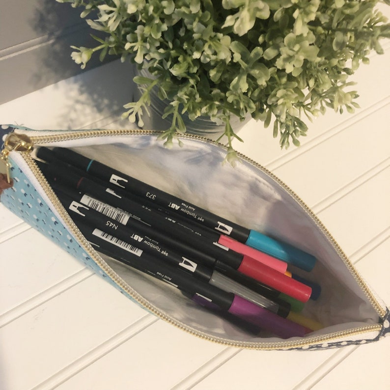 Make Up Bag Orange and Navy Print Pencil Pouch Zipper Pouch