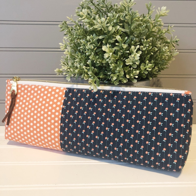 Make Up Bag Orange and Navy Print Pencil Pouch Zipper Pouch