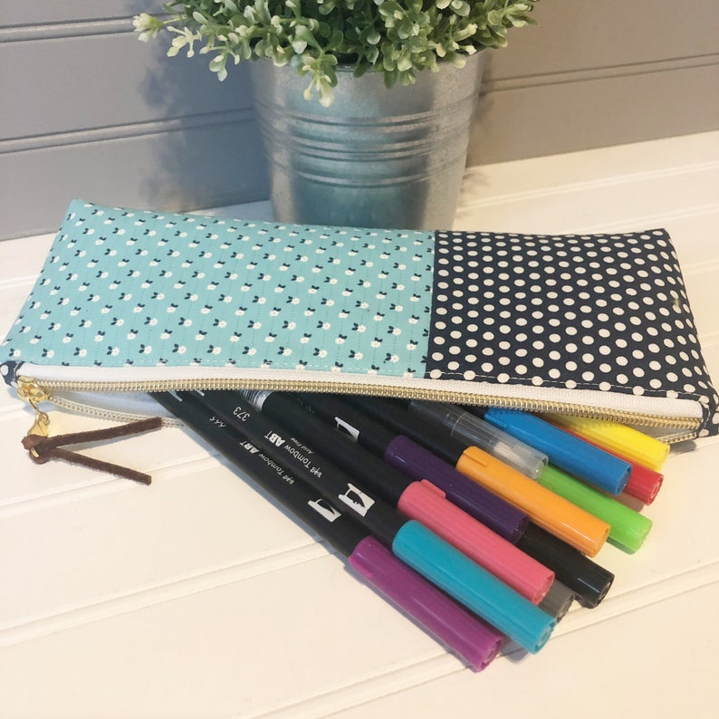 Make Up Bag Orange and Navy Print Pencil Pouch Zipper Pouch