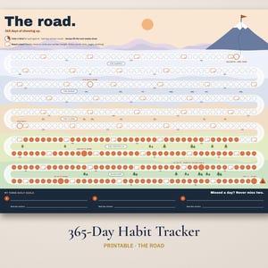 May include: A 365-day habit tracker chart titled The road. The design features a winding path leading to a mountain peak with 365 circles to color. It includes sections for three daily goals and the text Missed a day? Never miss two.