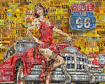Old America. Digital Art Collage Poster Gift Print - Diner in Red Route 66 - Made out of Car License Plates