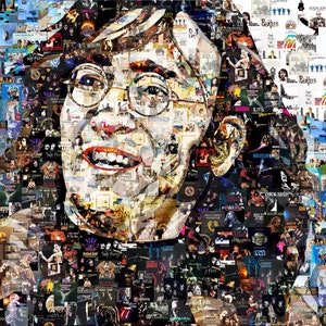 Art Collage Poster Gift John Lennon The Beatles Print Made Out Of Famous Top Classic Rock Music Bands Albums 1960-70s