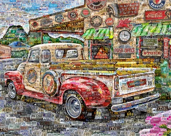 Old America. Digital Art Collage Poster Gift Print - Old Chevy Truck Route 66 - Made Out Of Car License Plates
