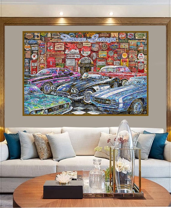 Classic Car Garage Wall Art – Handmade Collage From Vintage