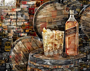 Whiskey Wall Art – Black Label Collage Print – Handmade Liquor Label Art – Bar Decor Gift for Whiskey Lovers