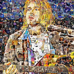 May include: A mosaic portrait of a person with long blonde hair playing a guitar, constructed from hundreds of small, colorful album cover images. The artwork features a central figure with blue eyes and a guitar, set against a dense background.