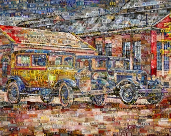 Old America. Digital Art Collage Poster Gift Print - Old Fords - Made out of Car License Plates