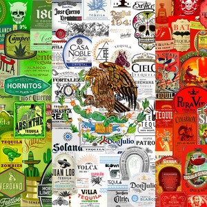 May include: A collage of colorful tequila bottle labels featuring various designs, including skulls, eagles, and agave plants. The labels are arranged in a pattern resembling the Mexican flag.