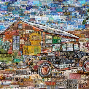 Old America. Digital Art Collage Poster Gift Print - Shell Gas Station - Made out of Car License Plates