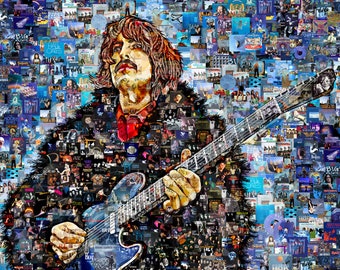 Grafika ścienna George'a Harrisona – ręcznie robiony kolaż z albumów rockowych – wydruk z legendą gitary