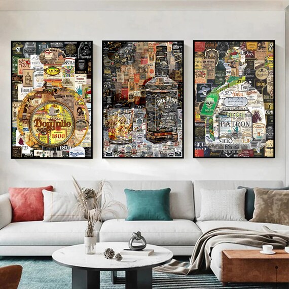 Liquor Art Collage Poster Gift Print Whiskey J Daniels Bottle With