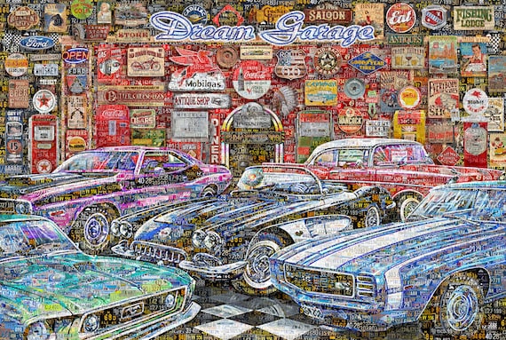 Classic Car Garage Wall Art – Handmade Collage From Vintage