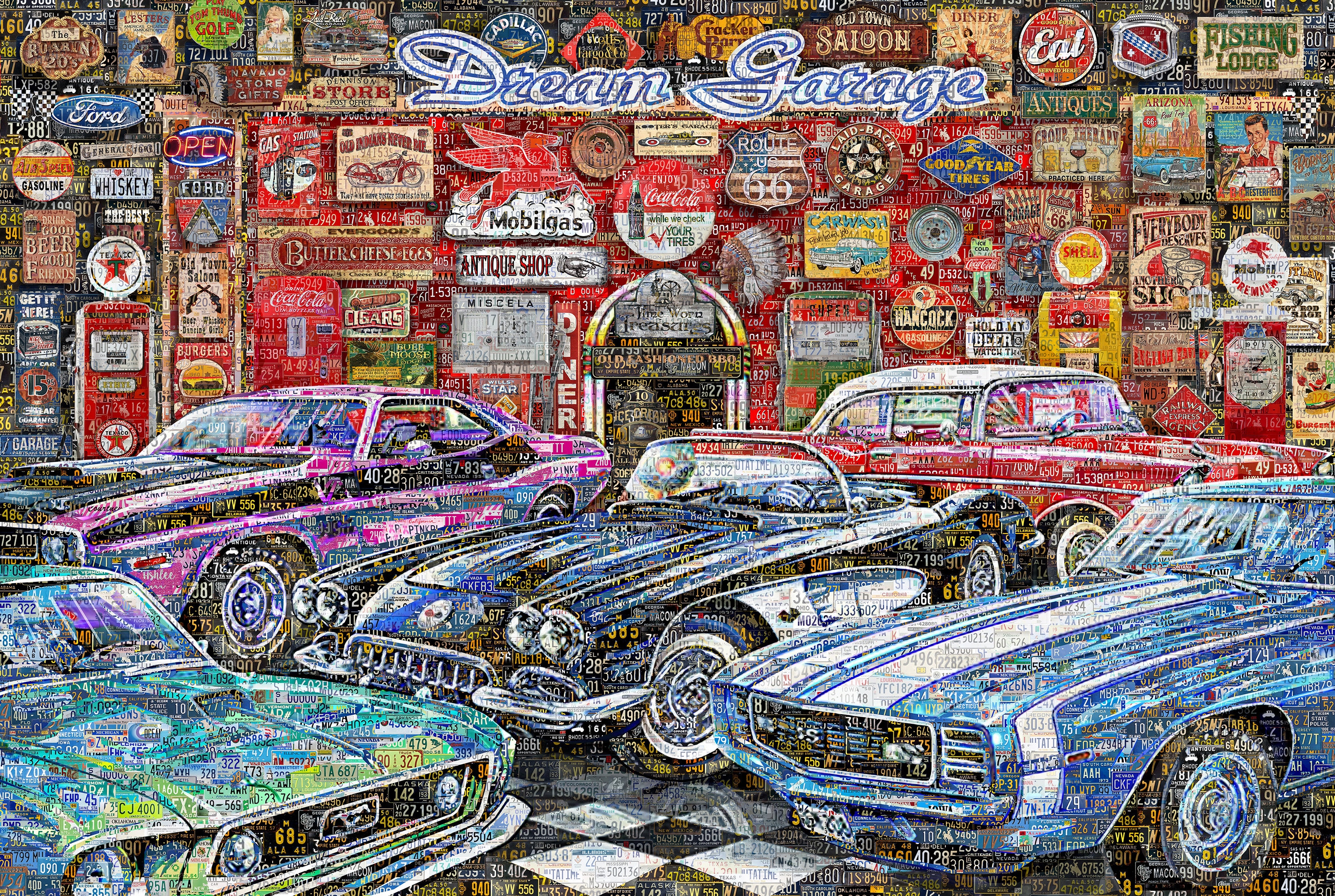 【USA vintage】ポスター　アートワーク　ウォールデコ　アメリカ Dream Garage – Old America Collage Poster – Digital Wall Art Print