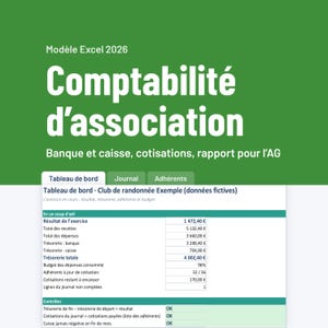 Può includere: Un modello Excel 2026 per la contabilità di associazioni intitolato Modèle Excel 2026 Comptabilité d'association. L'intestazione verde mostra testo su banca, cassa e quote associative, mentre la dashboard presenta dati finanziari di un club escursionistico.