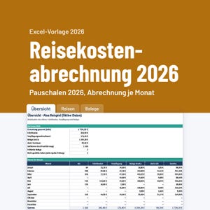 以下が含まれることがあります： Excel-Vorlage 2026 Reisekostenabrechnung 2026 Pauschalen 2026, Abrechnung je Monatというタイトルのデジタルスプレッドシートテンプレート。このドキュメントには、月、キロメートル、旅費、食事、総領収書、税金、合計の列を含む財務表が表示されています。