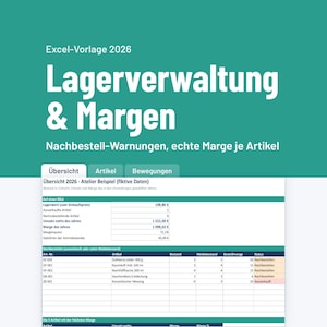 May include: A digital Excel template for inventory management and margins for 2026. The teal header displays the text Excel-Vorlage 2026 Lagerverwaltung & Margen Nachbestell-Warnungen, echte Marge je Artikel. The spreadsheet shows data tables.